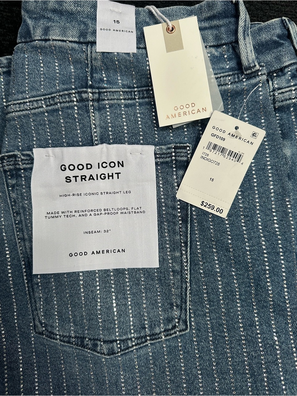 NWT Good American Good Icon Straight Leg Jeans Size 15 with Rhinestone Pinstripe